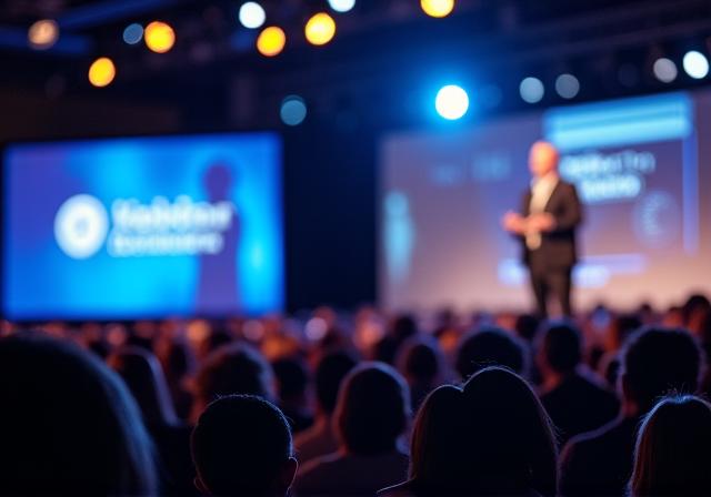 Penceramah utama sedang berucap di atas pentas di sebuah persidangan besar.