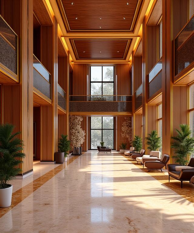 Pemandangan ruang lobi sebuah hotel mewah dengan reka bentuk dalaman yang menakjubkan.