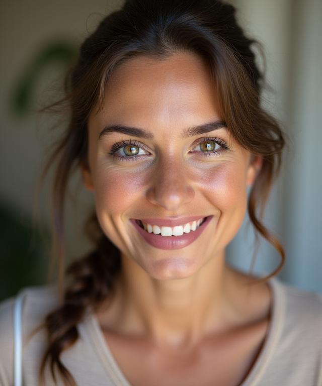 Potret 'close-up' seorang wanita dengan senyuman yang asli.